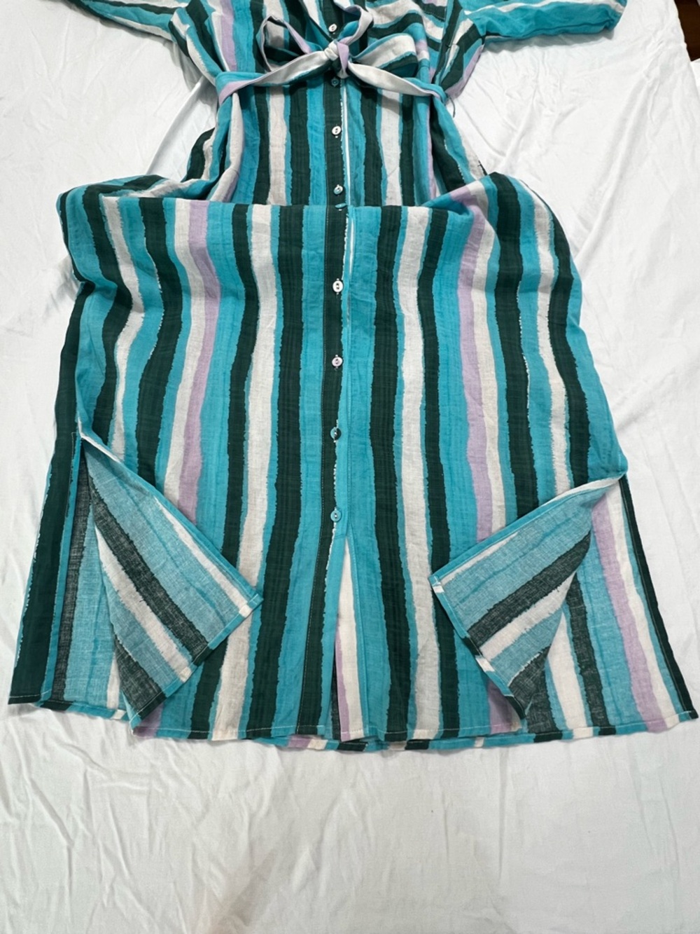 FRNCH Paris Striped Belted Maxi Midi Shirt Dress Puff Sleeve M - Picture 11 of 11